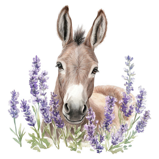 donkey, lavender, purple flowers, white, tan, brown, nature, animals, floral, farmhouse, whimsical, rustic, spring, summer, botanical, lavender field, sweet, gentle, pastoral, cottage core, provence, meadow, wildflowers, soft colors, watercolor style, illustrated animals, children's, nursery, farm animals, dusty purple