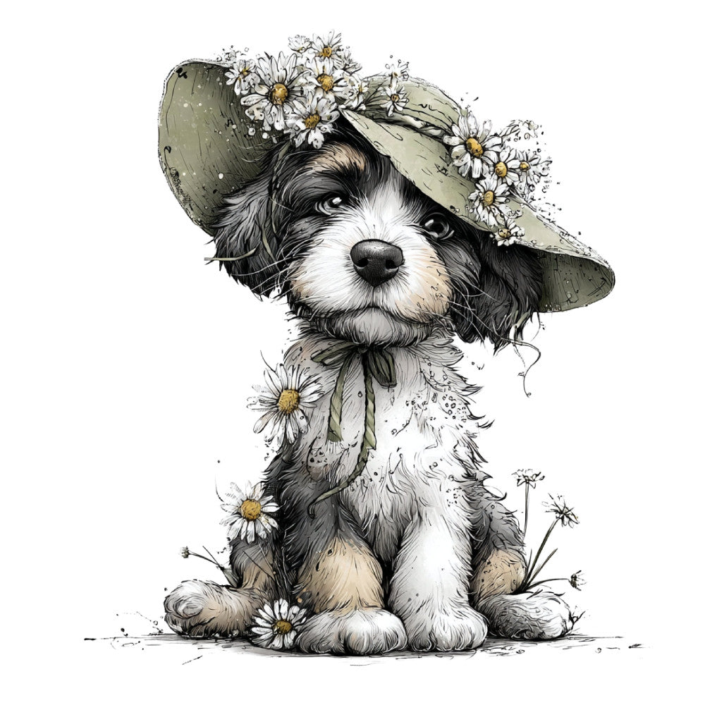 dog, puppy, black and white, cream, sage green, tan, floral, daisies, whimsical, cute, animal, spring, summer, vintage, cottage core, farmhouse, children, kids, baby, nursery, portrait, hat, straw hat, nature, botanical, sweet, playful, illustration, storybook