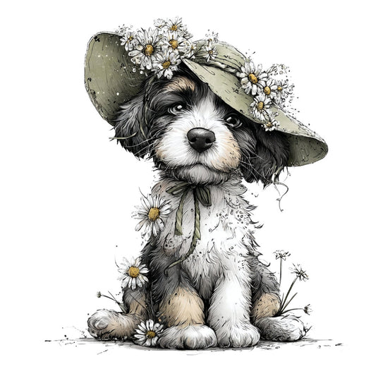 dog, puppy, black and white, cream, sage green, tan, floral, daisies, whimsical, cute, animal, spring, summer, vintage, cottage core, farmhouse, children, kids, baby, nursery, portrait, hat, straw hat, nature, botanical, sweet, playful, illustration, storybook