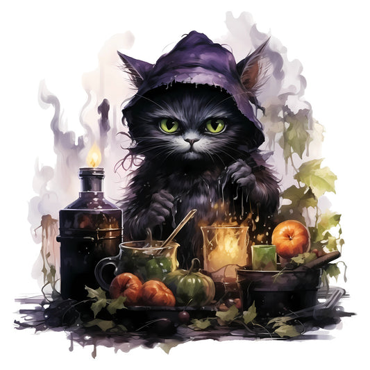 black cat, witchy, halloween, potion bottles, cauldron, magical, purple, yellow eyes, autumn, fall, pumpkins, apples, mystical, spooky, whimsical, dark fantasy, enchanted, gothic, witch theme, brewing potions, seasonal, orange, forest green, moody, mysterious, occult, dark academia, fantasy illustration, celestial magic