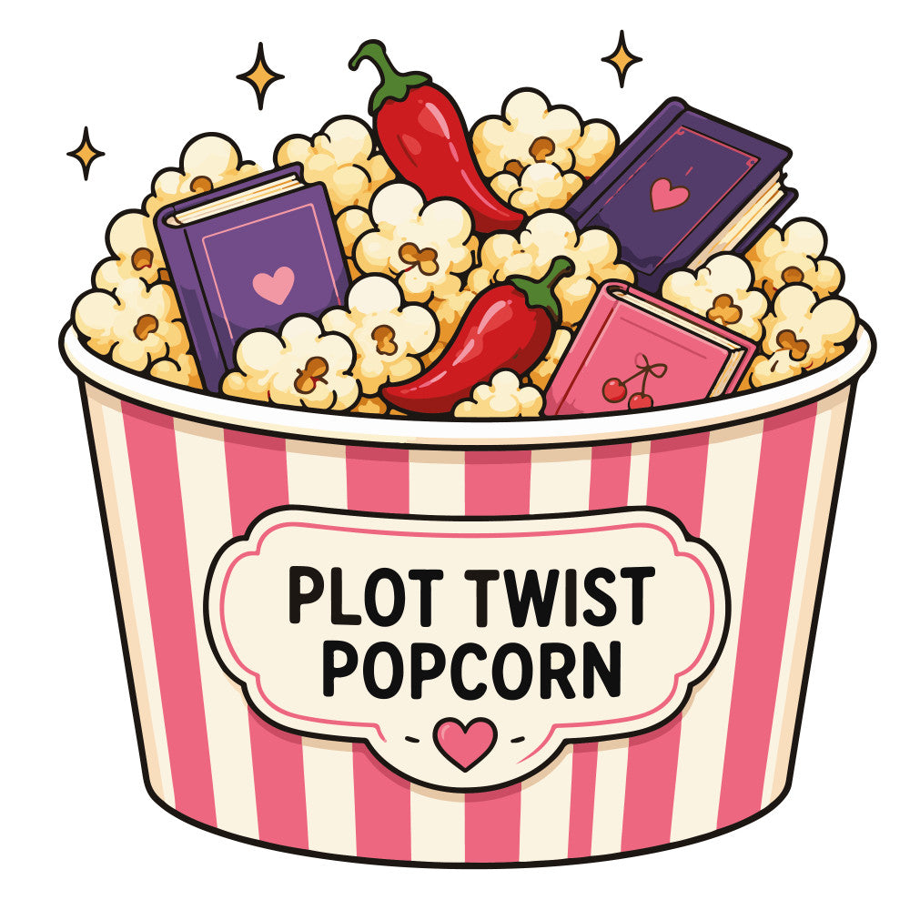 plot twist, popcorn, books, romance, literary, red peppers, purple, pink and cream, striped, whimsical, playful, fun, entertainment, movie night, reading, bookworm, novelty, hearts, stars, sparkles, vintage popcorn, retro, cute, girly, valentines, romance novels, cozy reads, book lover, cinema themed
