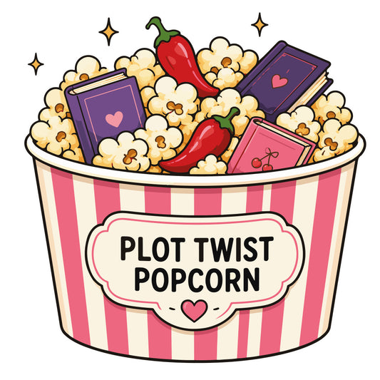 plot twist, popcorn, books, romance, literary, red peppers, purple, pink and cream, striped, whimsical, playful, fun, entertainment, movie night, reading, bookworm, novelty, hearts, stars, sparkles, vintage popcorn, retro, cute, girly, valentines, romance novels, cozy reads, book lover, cinema themed