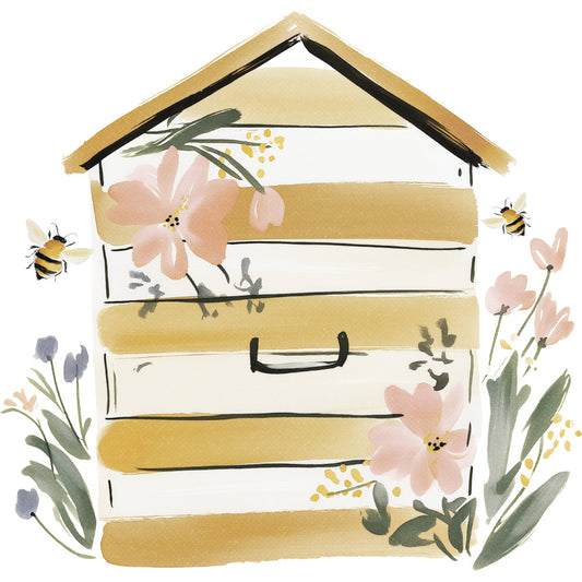beehive, honeycomb, bees, flowers, floral, nature, spring, summer, botanical, blush pink, dusty rose, pale pink, cream, ivory, gold, mustard yellow, soft yellow, sage green, olive green, blue-gray, whimsical, folk art, cottage core, farmhouse, rustic, modern whimsical, hand-painted, watercolor, bumblebees, pollinators