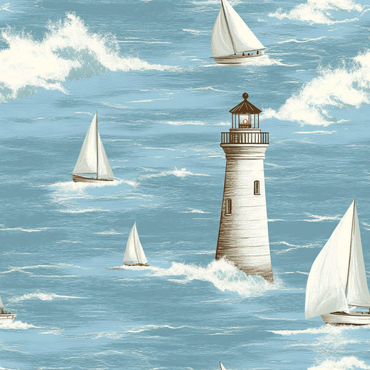 Lighthouse and Sailboats Pattern 10 Quilting Cotton Fabric
