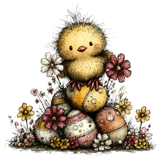 chick, easter, spring, baby animals, cute, whimsical, pastel yellow, dusty rose, cream, golden yellow, white flowers, floral, nature, garden, daisies, cosmos flowers, decorated eggs, easter eggs, vintage, folk art, hand-drawn, illustration style, children's, nursery, baby quilt, decorative panel, pastoral, countryside, charming, sweet