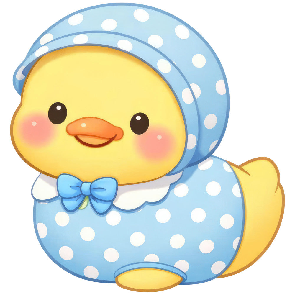 cute duck, baby blue, yellow, white polka dots, polka dot pattern, animals, baby animals, birds, waterfowl, whimsical, playful, baby nursery, infant, spring, pastel colors, bonnet, blue bow, cheerful, sweet, children's, baby quilt, nursery decor, light blue, pale yellow, dotted pattern, soft colors, friendly characters, adorable, nursery fabric, baby boy