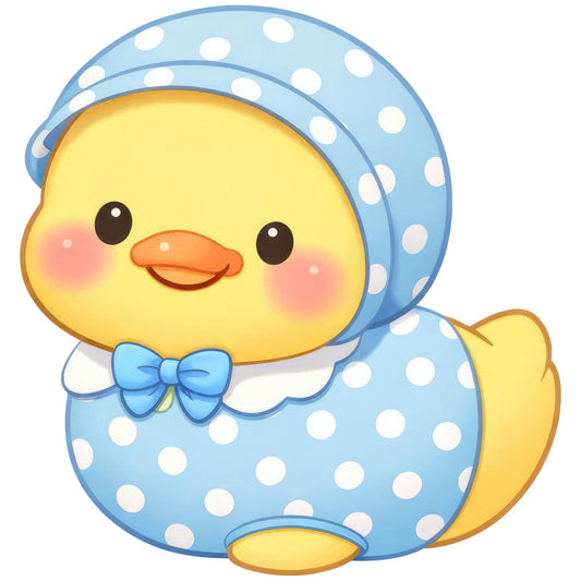 cute duck, baby blue, yellow, white polka dots, polka dot pattern, animals, baby animals, birds, waterfowl, whimsical, playful, baby nursery, infant, spring, pastel colors, bonnet, blue bow, cheerful, sweet, children's, baby quilt, nursery decor, light blue, pale yellow, dotted pattern, soft colors, friendly characters, adorable, nursery fabric, baby boy