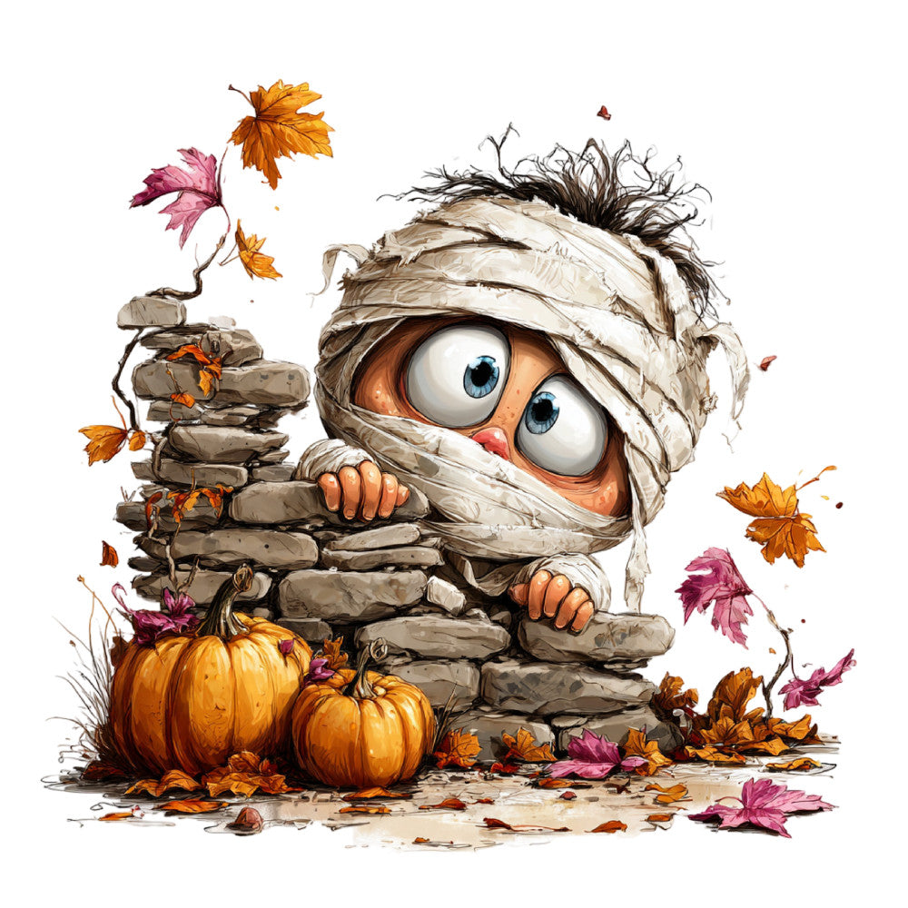autumn, fall, halloween, mummy, costume, whimsical, cute, funny, humorous, orange, cream, tan, beige, burgundy, pink, gold, brown, pumpkin, leaves, falling leaves, nature, seasonal, harvest, playful, quirky, children's, kids, spooky, festive, decorative