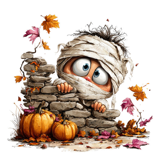 autumn, fall, halloween, mummy, costume, whimsical, cute, funny, humorous, orange, cream, tan, beige, burgundy, pink, gold, brown, pumpkin, leaves, falling leaves, nature, seasonal, harvest, playful, quirky, children's, kids, spooky, festive, decorative