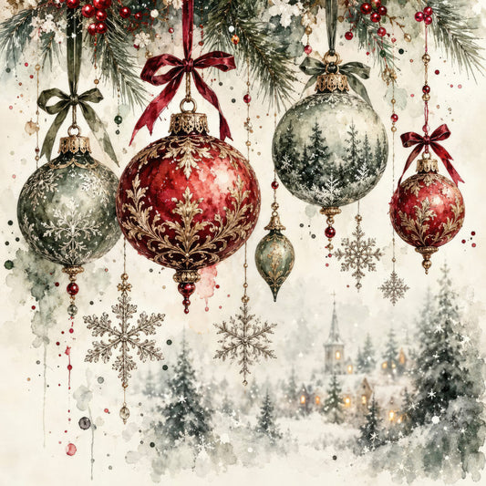 christmas, holiday, ornaments, baubles, red, burgundy, wine red, sage green, forest green, gray, silver, gold, metallic, snowflakes, winter, elegant, vintage, traditional, damask, decorative, festive, snowy landscape, trees, beads, ribbons, bows, winter scene, nostalgic, classic