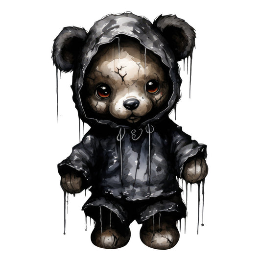 dark gray, charcoal, black, cream, white, rust orange, burnt orange, gothic, grunge, dripping paint, teddy bear, cute, creepy, whimsical, dark whimsical, contemporary, modern, urban art, street art, abstract, character design, animal, bear with hood, hooded bear, distressed, watercolor effect, edgy, moody, children's, kids