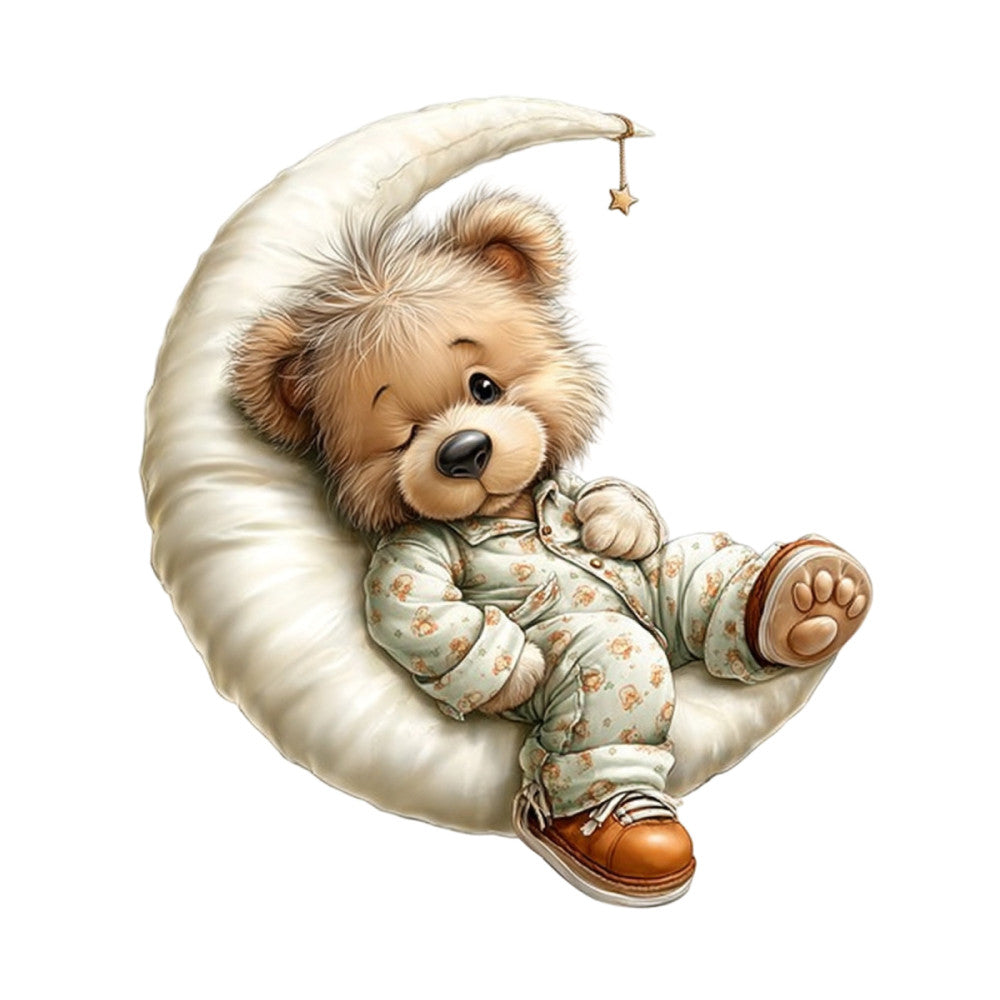 teddy bear, nursery, baby, cream, tan, brown, gold star, moon, pajamas, sleeping bear, nighttime, whimsical, cute, children's, bedtime, lullaby, soft, gentle, dreamy, celestial, stars, cozy, sweet, adorable, infant, toddler, wall hanging, baby quilt, gender neutral, vintage style