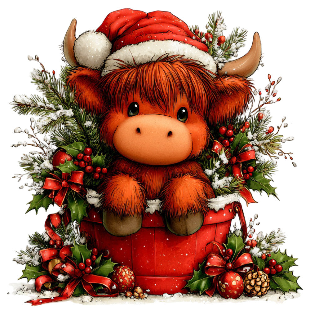 christmas, holiday, highland cattle, highland cow, scottish, winter, festive, red, orange, cream, white, green, gold, whimsical, cute, animal, nature, rustic, traditional, santa hat, holly, berries, pine branches, snow, seasonal, decorative, charming, folk art, country, farmhouse