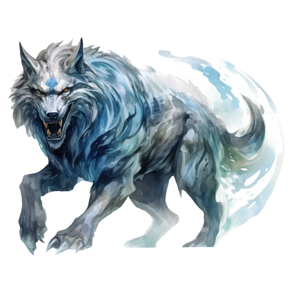 ice blue, steel gray, white, navy blue, teal, mystical wolf, winter wolf, fantasy animal, snarling wolf, fierce wolf, wolf face, wild animal, nature theme, fantasy art, mythical creature, winter theme, frost effect, ethereal style, magical realism, dramatic pose, aggressive expression, detailed fur texture, flowing mane, supernatural, dark fantasy, adventure theme, warrior spirit, noble beast