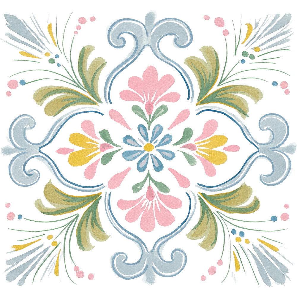 folk art floral, symmetrical design, dusty rose pink, sage green, soft blue, golden yellow, vintage style, traditional pattern, botanical motifs, decorative scrolls, ornamental, spring florals, delicate petals, nature inspired, whimsical, elegant, hand painted aesthetic, pastel colors, ornate flourishes, daisy flowers, leaf details, cottage core, farmhouse style, timeless design, classic pattern, decorative panel, wall hanging, home decor, cheerful design