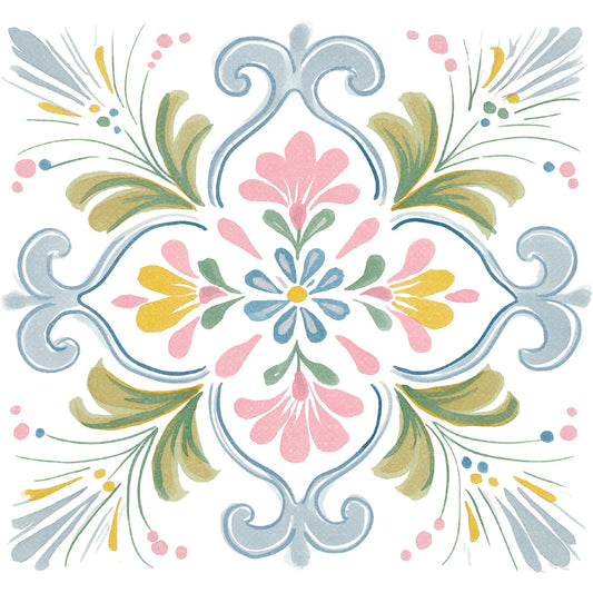 folk art floral, symmetrical design, dusty rose pink, sage green, soft blue, golden yellow, vintage style, traditional pattern, botanical motifs, decorative scrolls, ornamental, spring florals, delicate petals, nature inspired, whimsical, elegant, hand painted aesthetic, pastel colors, ornate flourishes, daisy flowers, leaf details, cottage core, farmhouse style, timeless design, classic pattern, decorative panel, wall hanging, home decor, cheerful design