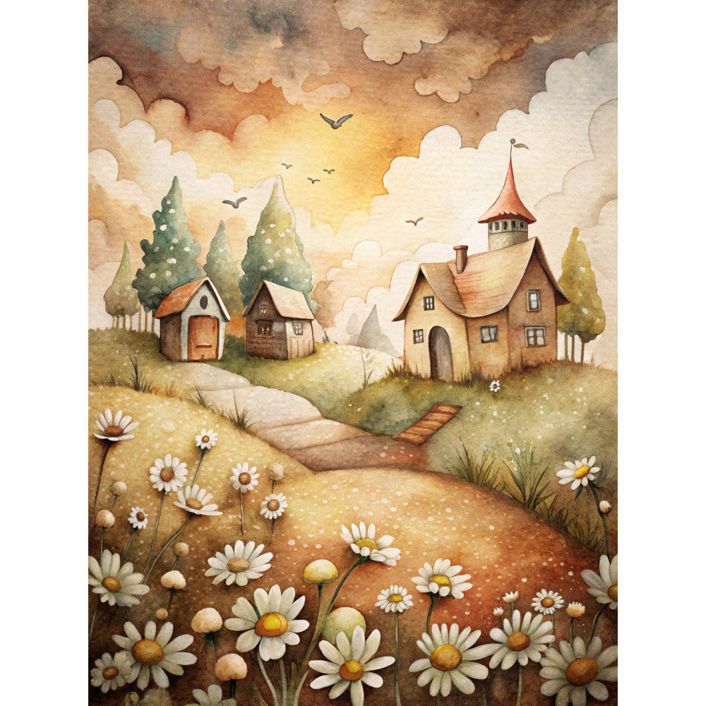 watercolor illustration, fairy tale village, whimsical cottages, church tower, rolling hills, daisy flowers, warm earth tones, golden sunset, puffy clouds, flying birds, winding path, evergreen trees, storybook scene, pastoral landscape, fabric panel, quilting cotton, enchanted village, orange sky, white daisies, rustic buildings