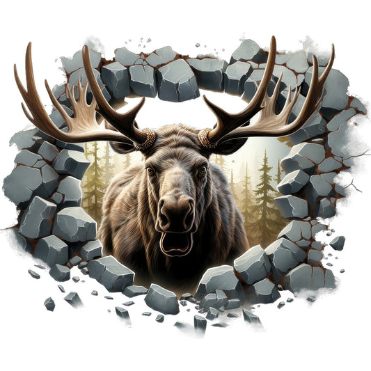 moose, antlers, breaking through, stone wall, brown fur, gray rocks, forest background, evergreen trees, wildlife, dramatic, fabric panel, quilting cotton, nature scene, wilderness, powerful animal, textured illustration, earth tones, realistic art style, outdoor theme, majestic creature