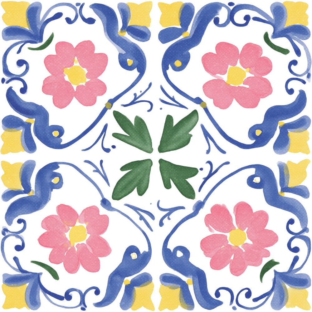 cornflower blue, coral pink, golden yellow, forest green, cream white, floral, geometric, paisley, ornamental, traditional, whimsical, folk art, botanical, symmetrical, decorative scrolls, pink flowers, blue vines, yellow accents, green leaves, vintage, elegant, classic, spring, summer, nature-inspired, tile pattern, medallion design, four-fold symmetry, hand-painted style, delicate motifs