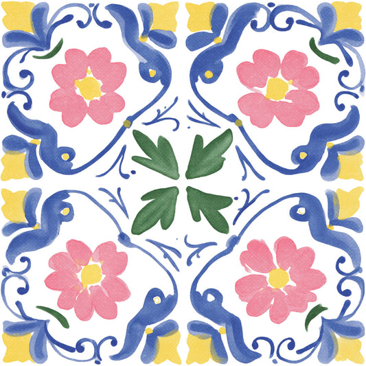 cornflower blue, coral pink, golden yellow, forest green, cream white, floral, geometric, paisley, ornamental, traditional, whimsical, folk art, botanical, symmetrical, decorative scrolls, pink flowers, blue vines, yellow accents, green leaves, vintage, elegant, classic, spring, summer, nature-inspired, tile pattern, medallion design, four-fold symmetry, hand-painted style, delicate motifs