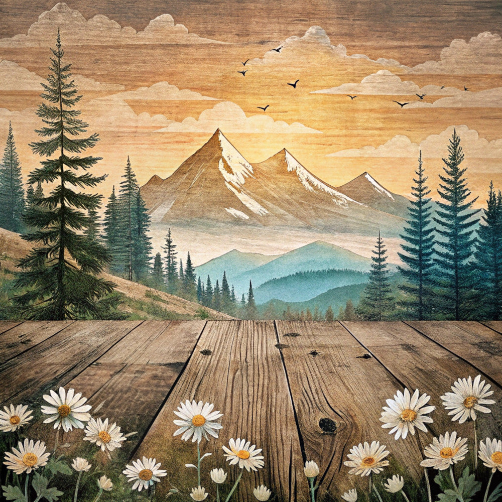 mountain landscape, sunset sky, evergreen trees, snow-capped peaks, wooden deck, white daisies, flying birds, orange sunset, golden clouds, forest scene, nature panel, quilting fabric, rustic wood, alpine scenery, peaceful wilderness, fabric panel, cotton fabric, outdoor theme, mountain vista, wildflowers