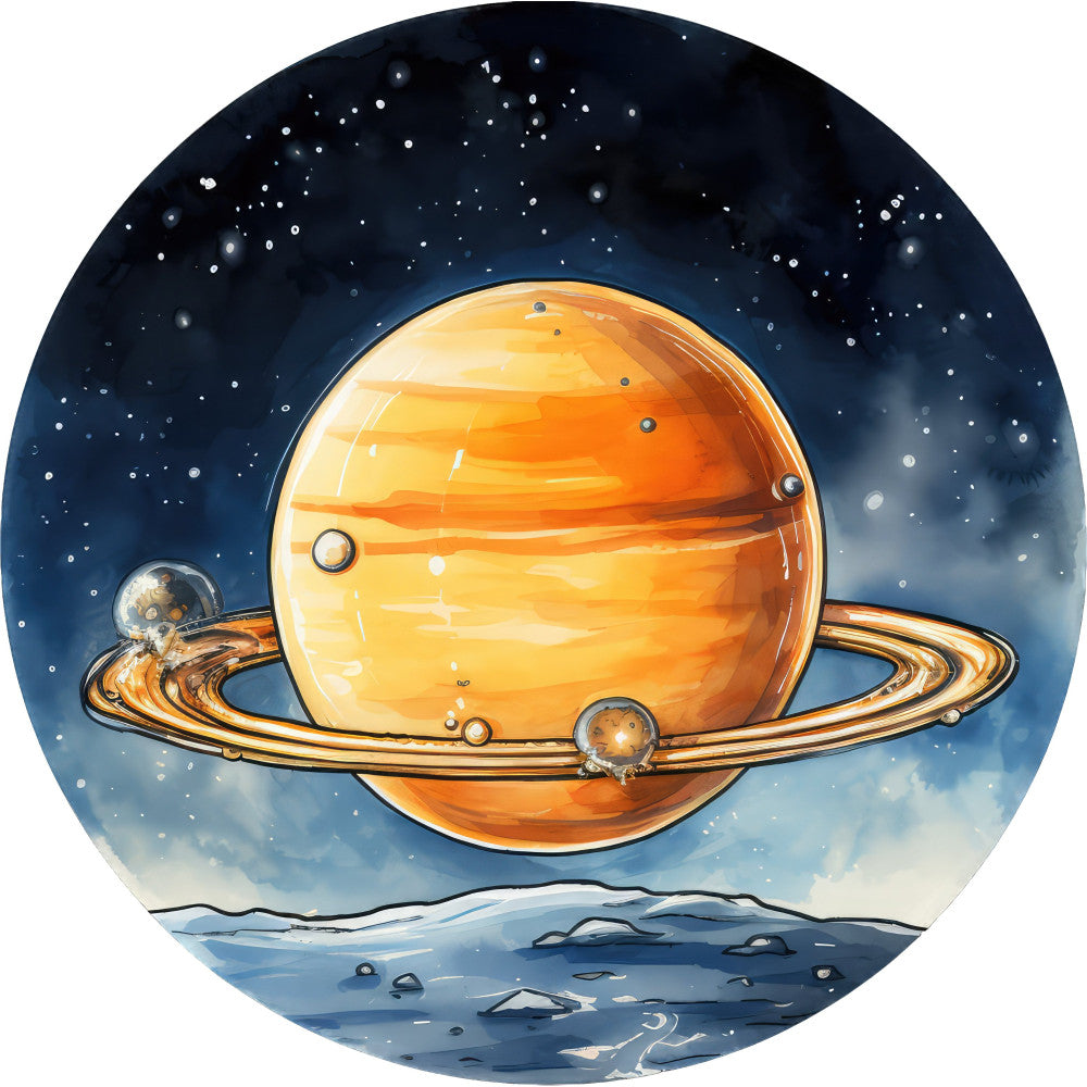 celestial, space, planets, saturn, orange planet, galaxy, stars, starry night, cosmic, universe, night sky, navy blue, orange, golden yellow, cream, whimsical, fantasy, science fiction, astronomical, outer space, planetary, retro space, vintage space, moons, rings, spacecraft, alien landscape, dreamlike, imaginative, futuristic
