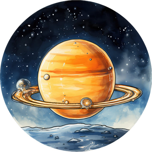 celestial, space, planets, saturn, orange planet, galaxy, stars, starry night, cosmic, universe, night sky, navy blue, orange, golden yellow, cream, whimsical, fantasy, science fiction, astronomical, outer space, planetary, retro space, vintage space, moons, rings, spacecraft, alien landscape, dreamlike, imaginative, futuristic