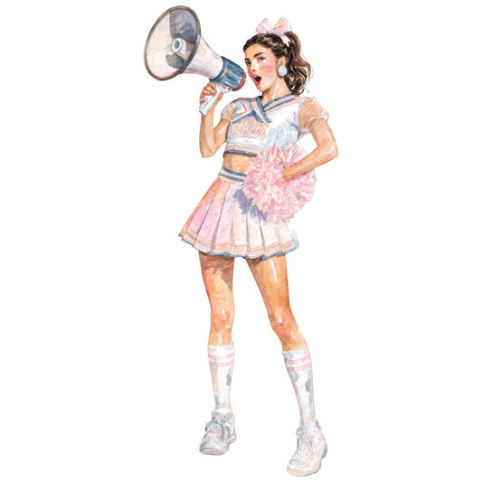 cheerleader, megaphone, pink pom pom, pastel pink, pastel blue, cream, blush pink, powder blue, cheerleading, sports, retro, vintage, 1950s, nostalgic, pop art, whimsical, fun, playful, girl power, school spirit, athletic wear, dance, performance, youth style, teenage, energetic, dynamic pose, illustrated character, fashion illustration, character design