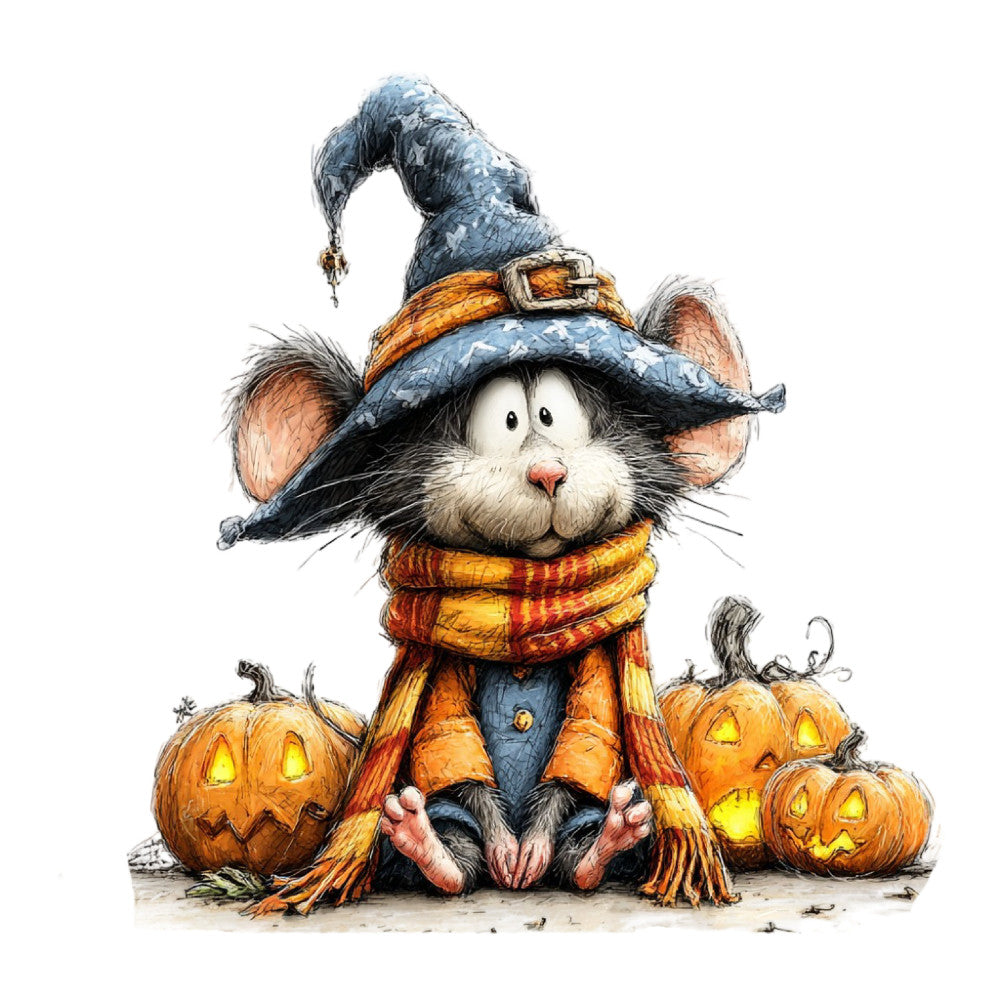 wizard cat, halloween, autumn, fall, pumpkin, jack-o-lantern, witch hat, pointed hat, striped scarf, whimsical, cute, animals, cats, festive, seasonal, orange, blue, gold, black, white, children's, playful, spooky, costume, decorative, wall hanging, novelty, illustration style, folk art, storybook