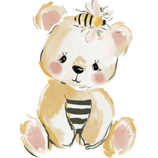 honey yellow, cream, dusty rose, pale pink, black, whimsical, cute, bear, bee, floral, nature, spring, summer, animal themed, children's, baby, playful, gentle, soft colors, striped, honey bee motif, teddy bear, pastoral, sweet, nursery, kids bedding, adorable, charming, botanical accents