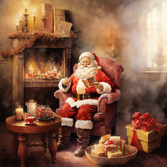 santa claus, christmas scene, fireplace, warm lighting, red suit, white beard, armchair, gift boxes, candles, golden tones, brown hues, cozy interior, holiday theme, fabric panel, quilting cotton, festive design, winter scene, presents, mantelpiece, cheerful mood