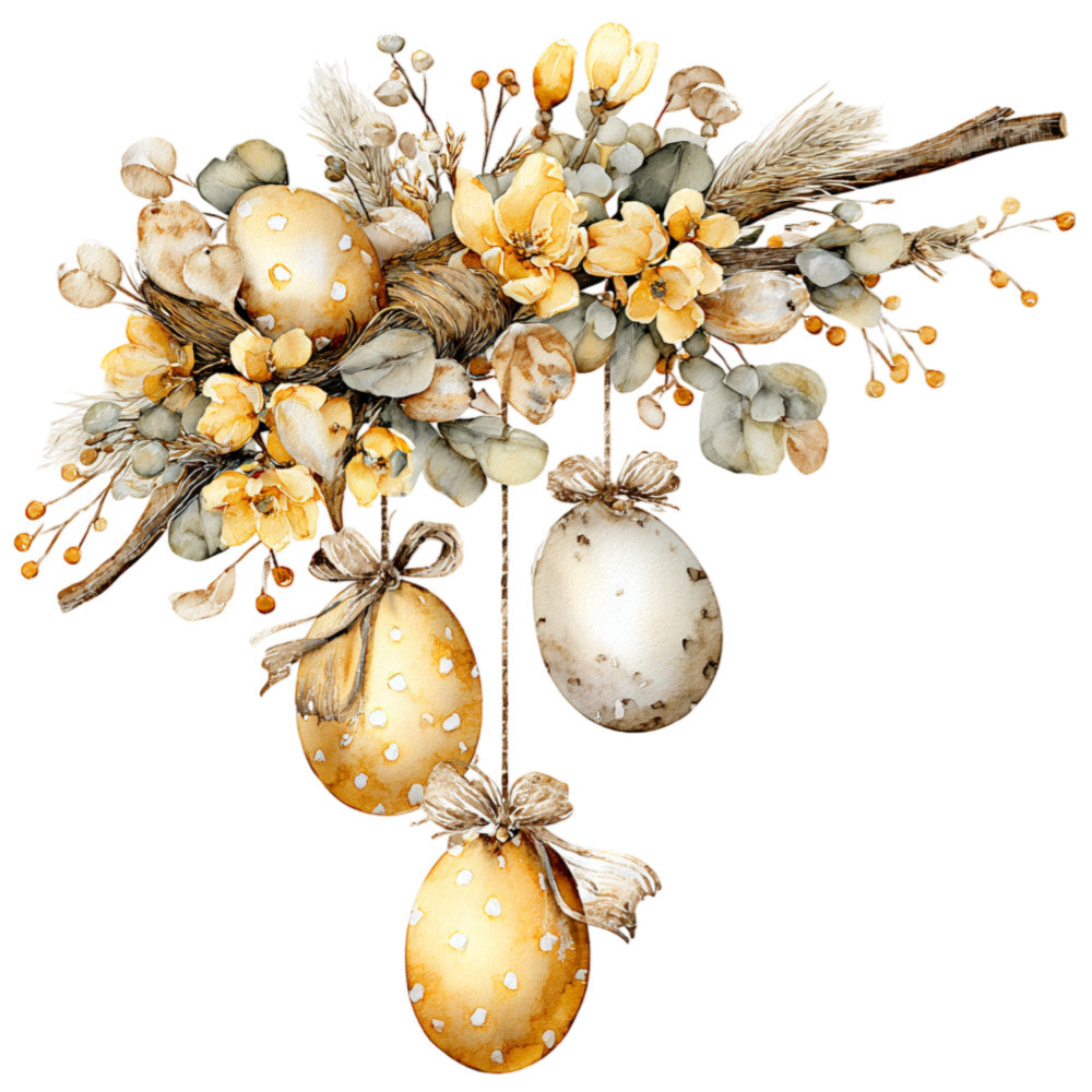 cream, gold, tan, beige, sage green, soft yellow, natural, botanical, floral, dried flowers, Easter, spring, autumn, fall, harvest, vintage, rustic, whimsical, elegant, nature-inspired, eggs, Easter eggs, polka dots, ornaments, hanging decorations, farmhouse, cottage core, neutral tones, seasonal, holiday
