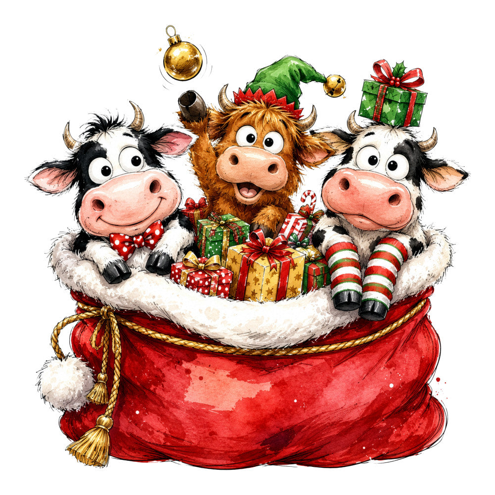 christmas, holiday, festive, cows, cattle, animals, farm animals, red, gold, green, white, black, whimsical, playful, cute, santa hat, gifts, presents, baubles, ornaments, striped socks, candy cane, cheerful, jolly, traditional, winter, seasonal, farmhouse style