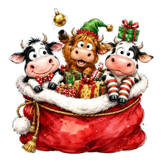 christmas, holiday, festive, cows, cattle, animals, farm animals, red, gold, green, white, black, whimsical, playful, cute, santa hat, gifts, presents, baubles, ornaments, striped socks, candy cane, cheerful, jolly, traditional, winter, seasonal, farmhouse style
