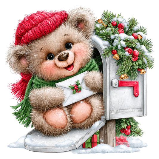 christmas teddy bear, holiday bear, red knit hat, green scarf, festive animals, winter animals, snow scene, mailbox, holly berries, evergreen branches, gold bells, red and green, cream white, soft whimsical, vintage christmas, retro holiday, cute animals, children's christmas, storybook style, nostalgic, seasonal decoration, christmas delivery, winter wonderland, holiday greeting, traditional christmas, warm colors, decorative panel, christmas card aesthetic, large scale print
