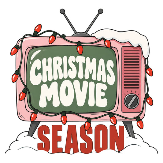 christmas movie season, vintage tv, retro television, pink, forest green, cream, red, holiday, christmas, vintage style, whimsical, nostalgic, mid-century modern, decorative lights, string lights, snow, winter, festive, seasonal, christmas decor, retro aesthetic, 1950s style, pop culture, entertainment themed, cozy, warm tones, wall hanging, panel print, holiday decoration