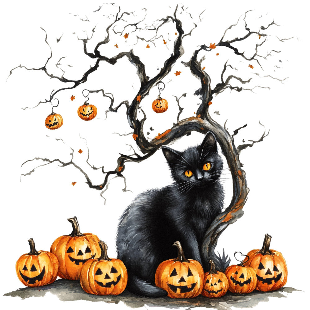 halloween, black cat, jack-o-lantern, pumpkin, orange, black, autumn, fall, spooky, scary, witch theme, holiday, festive, whimsical, creepy, gnarled tree, dead tree, bare branches, trick-or-treat, october, supernatural, eerie, gothic, seasonal decoration, home decor, wall hanging, panel print, yellow eyes, jack-o-lanterns hanging, folkloric