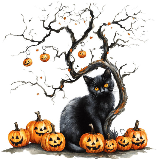 halloween, black cat, jack-o-lantern, pumpkin, orange, black, autumn, fall, spooky, scary, witch theme, holiday, festive, whimsical, creepy, gnarled tree, dead tree, bare branches, trick-or-treat, october, supernatural, eerie, gothic, seasonal decoration, home decor, wall hanging, panel print, yellow eyes, jack-o-lanterns hanging, folkloric