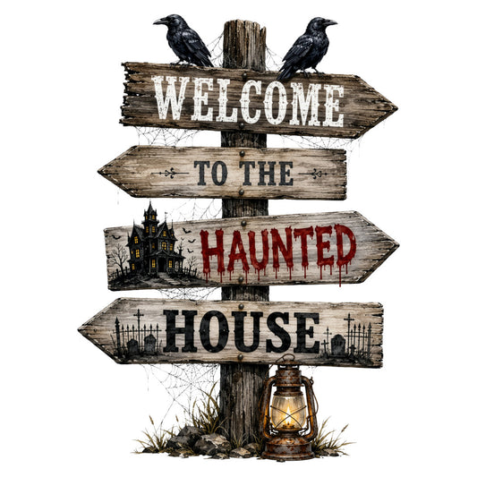 haunted house, welcome sign, halloween, spooky, gothic, crows, ravens, rustic, vintage, wood sign, directional signage, dark brown, cream, red, black, autumn, fall, horror, eerie, creepy, weathered wood, distressed, farmhouse, country style, cemetery, graveyard, lantern, witchy, dark academia, seasonal decor