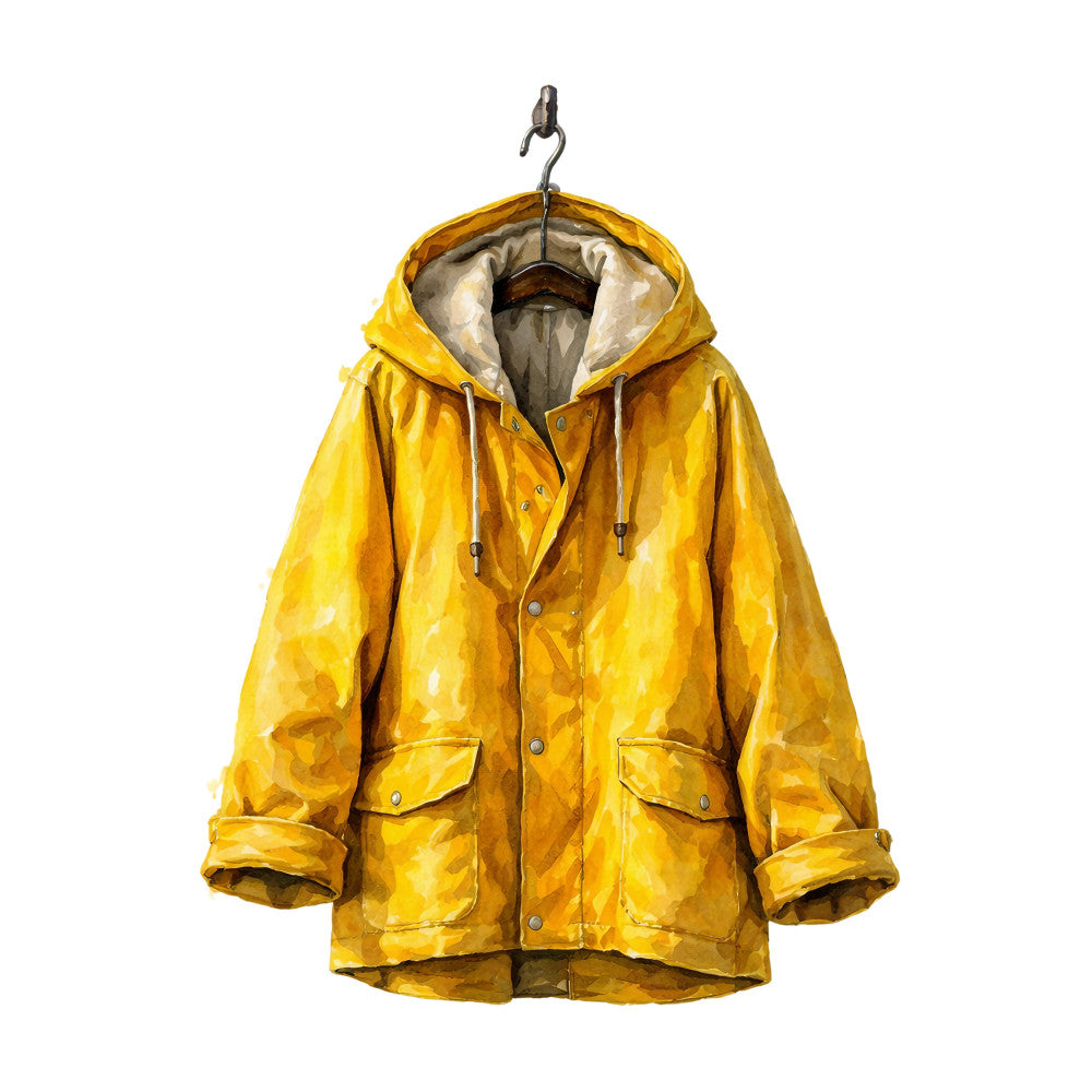 yellow raincoat, golden yellow, mustard yellow, bright yellow, rain jacket, waterproof, hooded coat, realistic clothing, wearable art, jacket illustration, outerwear, autumn fashion, fall clothing, spring rain, weather wear, practical fashion, casual style, everyday wear, functional fashion, layered clothing, vintage style, retro fashion, workwear, outdoor apparel, seasonal clothing, modern realistic, detailed illustration, fashion print, wardrobe essential, yellow outerwear