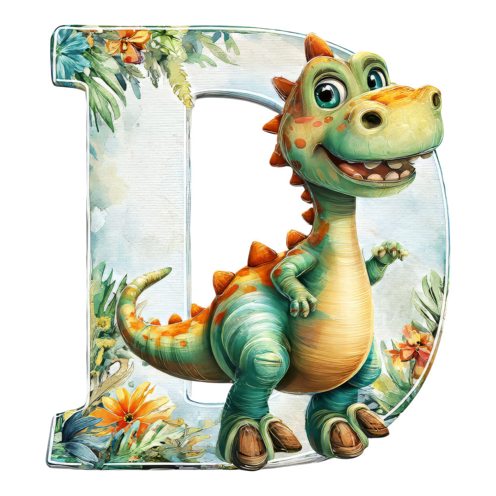 dinosaur, letter d, green, orange, yellow, teal, tropical flowers, palm leaves, cartoon style, friendly dinosaur, spikes, big eyes, fabric panel, quilting cotton, prehistoric theme, jungle plants, watercolor style, children's fabric, educational alphabet, bright colors