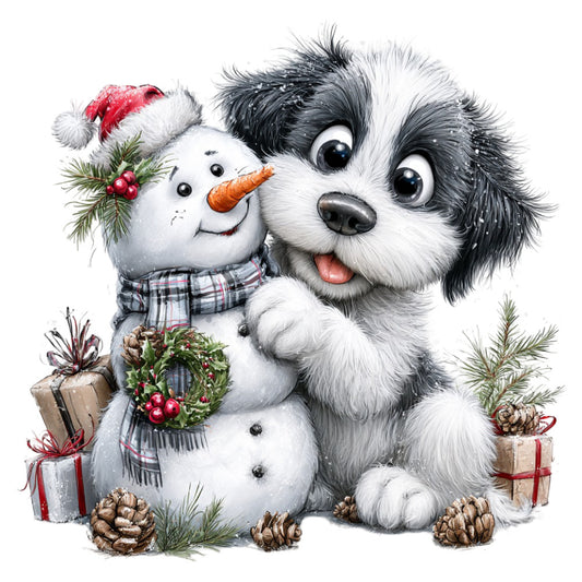 winter holiday, christmas, dog, snowman, puppy, black and white, red accents, green, festive, whimsical, cute animals, seasonal, plaid scarf, wreath, pinecones, presents, gifts, winter scene, cheerful, playful, children's, family-friendly, snow themed, decorative, heart-warming, joyful, holiday spirit, winter wonderland