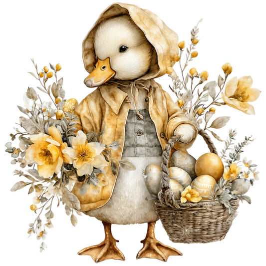 cream, tan, gold, yellow, sage green, soft white, warm neutral, floral, botanical, duck, duckling, animal, farmhouse, cottage core, vintage, whimsical, rustic, charming, easter, spring, eggs, basket, flowers, pansies, nature, pastoral, storybook, children's, baby, sweet