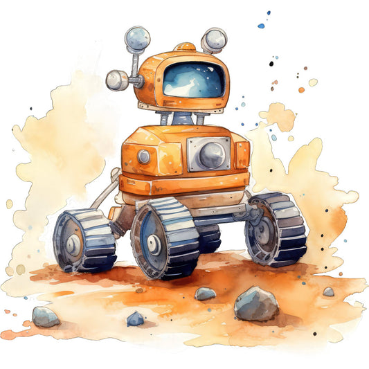 orange robot, space rover, whimsical, steampunk, retro futuristic, children's, boys, adventure, exploration, sci-fi, science fiction, desert landscape, sandy, tan, cream, blue, metallic silver, rust orange, burnt orange, mechanical, robots, vehicles, wheels, treads, tracks, clouds, dust, playful, imaginative, kid's quilt
