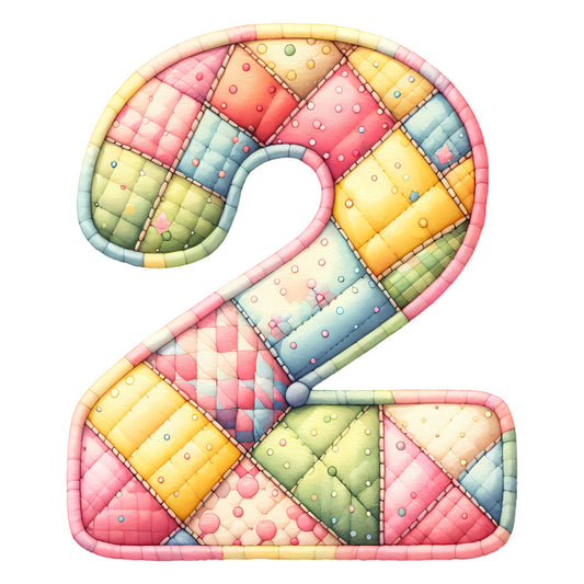 pastel pink, soft yellow, pale blue, sage green, coral, quilted, geometric, patchwork, diamond pattern, polka dots, whimsical, playful, soft pastels, number two, numeric, child-friendly, nursery, baby, colorful, modern, contemporary, cheerful, bright, multicolor, textured, dimensional, decorative panel, wall art, children's fabric, toddler themed