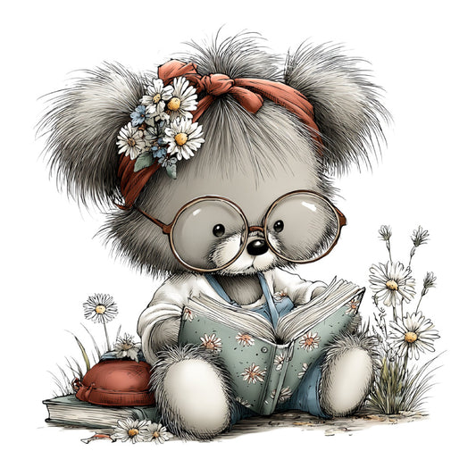 cute animal, whimsical bear, reading book, daisies, floral, glasses, rust brown, cream white, sage green, blue gray, rustic, vintage, woodland, nature, spring, literary, scholarly, flowers, embellished, detailed illustration, children's, nursery, storybook, character panel, sweet, gentle, pastoral, garden theme