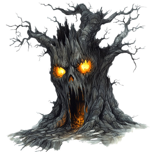 charcoal gray, burnt orange, golden yellow, black, dark gray, spooky, halloween, tree face, mystical, fantasy, dark fantasy, gothic, supernatural, creepy, eerie, spooky tree, haunted tree, tree with face, glowing eyes, jack-o-lantern vibes, autumn, fall, horror theme, dark nature, magical creatures, whimsical dark, wall hanging, home decor, halloween decoration