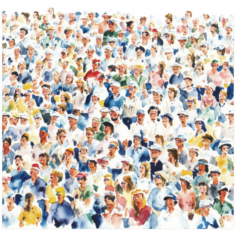 crowd scene, people, watercolor, multi-color, blue, yellow, green, red, white, cream, pastel, vintage style, retro, casual wear, apparel, novelty, whimsical, illustrated figures, diverse characters, colorful crowd, social gathering, busy pattern, all-over print, figurative, contemporary, lifestyle theme, casual fashion, spring colors, summer colors, playful design