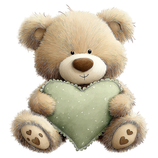 teddy bear, cute animals, sage green, cream, tan, brown, heart motif, whimsical, children's, baby, nursery, sweet, gentle, adorable, stuffed animal, hugging bear, paw prints, love themed, soft colors, pastel, kawaii, storybook, illustrated, artwork style, playroom, gender neutral, comforting, tender, cuddly