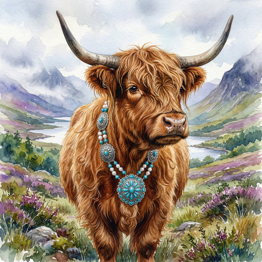 highland cattle, long horned cow, brown, tan, turquoise, teal, cream, purple heather, alpine landscape, mountain scenery, scottish, celtic jewelry, ornate medallion, pearls, beaded necklace, boho, bohemian, rustic, whimsical, nature, animals, livestock, folk art, traditional, wildflowers, heather field, pastoral, countryside, wall hanging, decorative panel